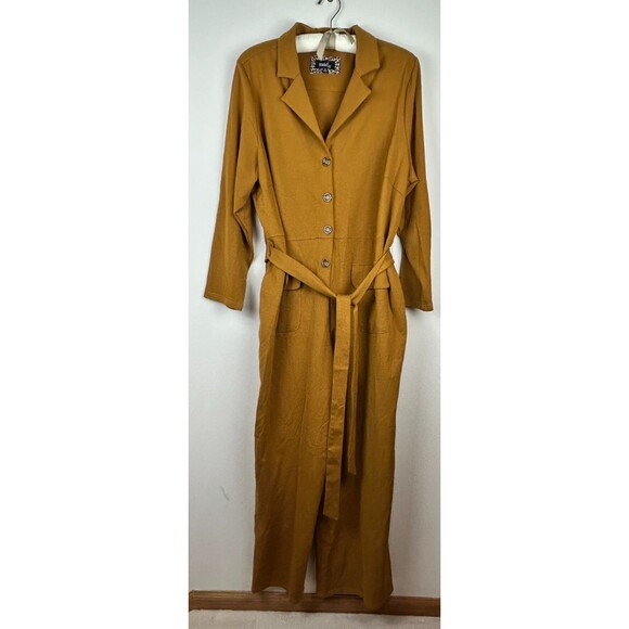Mod X Womens 3X Mustard Belted Button Up Stretchy Jumpsuit - Picture 6 of 16